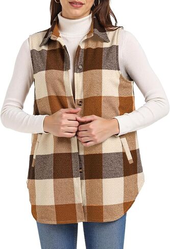 Buauty Women's Flannel Plaid Vest Button Down Lapel Neck Brushed Sleeveless Shacket Shirt Jacket Waistcoat with Pockets in Saudi Arabia