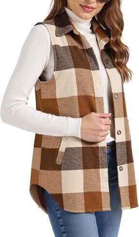 Buauty Women's Flannel Plaid Vest Button Down Lapel Neck Brushed Sleeveless Shacket Shirt Jacket Waistcoat with Pockets in Saudi Arabia