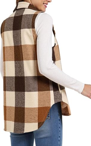 Buauty Women's Flannel Plaid Vest Button Down Lapel Neck Brushed Sleeveless Shacket Shirt Jacket Waistcoat with Pockets in Saudi Arabia
