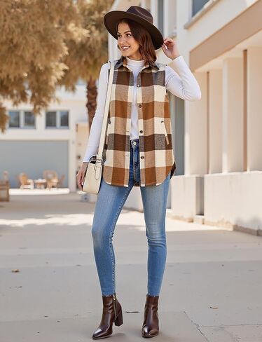 Buauty Women's Flannel Plaid Vest Button Down Lapel Neck Brushed Sleeveless Shacket Shirt Jacket Waistcoat with Pockets in Saudi Arabia