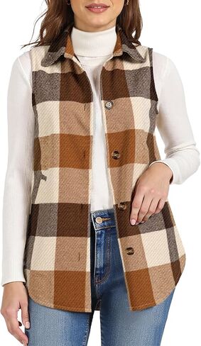 Buauty Women's Flannel Plaid Vest Button Down Lapel Neck Brushed Sleeveless Shacket Shirt Jacket Waistcoat with Pockets in Saudi Arabia