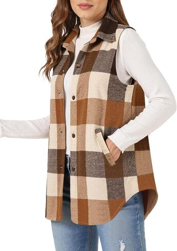 Buauty Women's Flannel Plaid Vest Button Down Lapel Neck Brushed Sleeveless Shacket Shirt Jacket Waistcoat with Pockets in Saudi Arabia