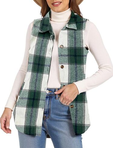 Buauty Women's Flannel Plaid Vest Button Down Lapel Neck Brushed Sleeveless Shacket Shirt Jacket Waistcoat with Pockets in Saudi Arabia