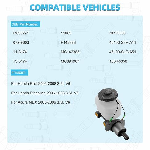 M630291 Brake Master Cylinder (3.5L V6) Compatible with Honda Pilot 2005-2008,Ridgeline 2006-2008,For Acura MDX 2003-2006,Replaces 46100-S3V-A11,46100-SJC-A51 in Saudi Arabia