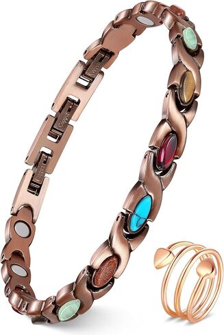 Feraco Pure Copper Bracelets & Rings for Women, Ultra Strength Magnetic Bracelet with 3800 Gauss Magnets & Natural Turquoise & Stones, Adjustable, Jewelry Gift in Saudi Arabia
