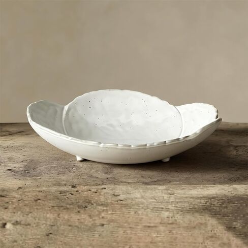 وعاء تقديم سيراميك ريفي أنيق مقاس 10 بوصة - طبق حجري فريد على شكل بتلة لديكور المنزل والترفيه (أبيض) in Kuwait