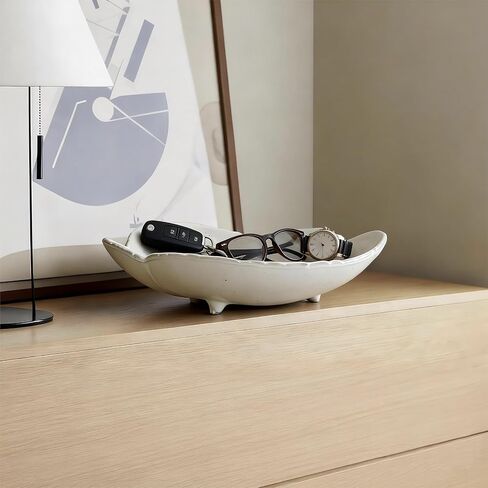 وعاء تقديم سيراميك ريفي أنيق مقاس 10 بوصة - طبق حجري فريد على شكل بتلة لديكور المنزل والترفيه (أبيض) in Kuwait