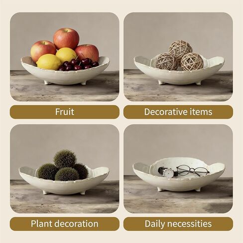 وعاء تقديم سيراميك ريفي أنيق مقاس 10 بوصة - طبق حجري فريد على شكل بتلة لديكور المنزل والترفيه (أبيض) in Kuwait