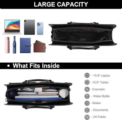 حقيبة كمبيوتر محمول للنساء من MOSISO، حقائب كمبيوتر محمول من جلد البولي يوريثان مقاومة للماء مقاس 15.6 بوصة، حقيبة حمل مع حجرة كمبيوتر محمول للأعمال، حقائب كتف ذات سعة كبيرة بمقبض علوي وحقيبة يد عمل المعلم، أسود in Kuwait