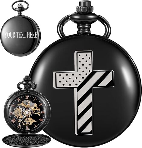 Bible Verse Pocket Watch Vintage Mechanical Pocket Watches Cross American Flag Pattern with Chain Christmas Graduation Birthday Gifts Father's Day in Saudi Arabia