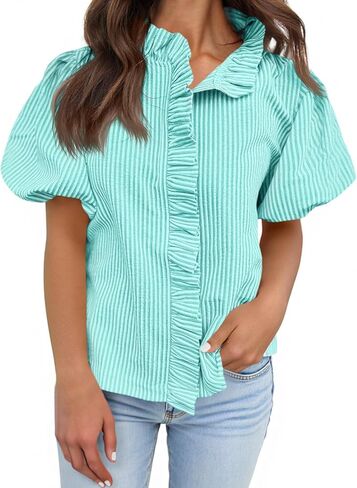 Tankaneo Womens Short Puff Sleeve Button Down Shirts Summer Ruffle Striped Work Tops Stand Collar Trendy Casual Loose Blouse in Saudi Arabia