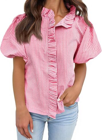 Tankaneo Womens Short Puff Sleeve Button Down Shirts Summer Ruffle Striped Work Tops Stand Collar Trendy Casual Loose Blouse in Saudi Arabia
