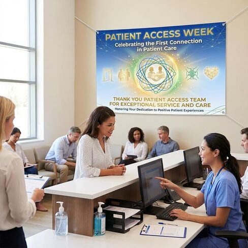 زينة لافتة أسبوع وصول المريض - علامة تقدير "الاتصال الأول" لموظفي المستشفى وفريق القبول - خلفية من نسيج البوليستر الناعم لجدار المكتب ودعامة حفلات العيادة (70.87 × 45.3 بوصة) in Kuwait