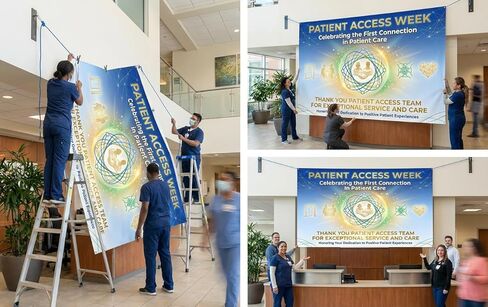 زينة لافتة أسبوع وصول المريض - علامة تقدير "الاتصال الأول" لموظفي المستشفى وفريق القبول - خلفية من نسيج البوليستر الناعم لجدار المكتب ودعامة حفلات العيادة (70.87 × 45.3 بوصة) in Kuwait
