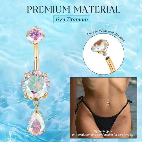 GAGABODY G23 Titanium Belly Button Rings Dangly Belly Ring Navel Piercing Ring Belly Piercing Jewelry 14G 3/8 inch 10mm Navel Barbell CZ in Saudi Arabia