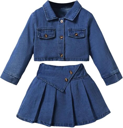 MakeMeChic Toddler Baby Girl 2 Piece Outfits Long Sleeve Collared Denim Jacket and Pleated A Line Jean Skirt Sets in Saudi Arabia