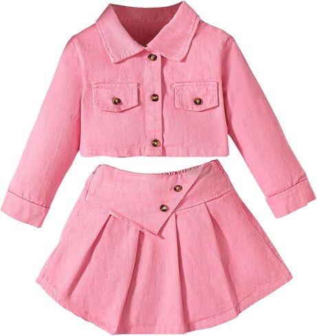 MakeMeChic Toddler Baby Girl 2 Piece Outfits Long Sleeve Collared Denim Jacket and Pleated A Line Jean Skirt Sets in Saudi Arabia