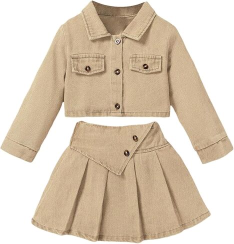 MakeMeChic Toddler Baby Girl 2 Piece Outfits Long Sleeve Collared Denim Jacket and Pleated A Line Jean Skirt Sets in Saudi Arabia