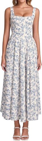 فستان ميدي مزين بالزهور، فستان صيفي غير رسمي برباط على شكل حرف A ورقبة مربعة لحفلات الزفاف للنساء 2026 in Kuwait