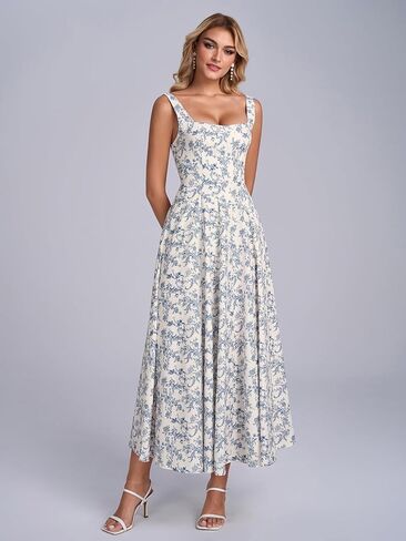Floral Midi Dress Casual Lace Up Flowy A Line Square Neck Wedding Guest Summer Dress for Women 2026 in Kuwait