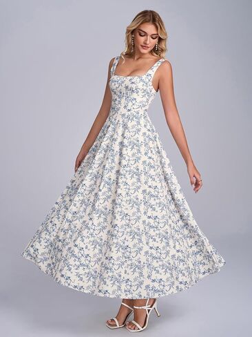 Floral Midi Dress Casual Lace Up Flowy A Line Square Neck Wedding Guest Summer Dress for Women 2026 in Kuwait