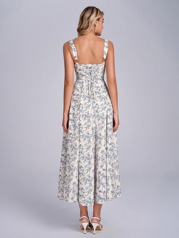 Floral Midi Dress Casual Lace Up Flowy A Line Square Neck Wedding Guest Summer Dress for Women 2026 in Kuwait