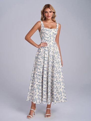 Floral Midi Dress Casual Lace Up Flowy A Line Square Neck Wedding Guest Summer Dress for Women 2026 in Kuwait