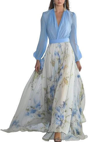 Women's Boho Floral Chiffon Maxi Dresses 2026 Summer Casual Long Sheer Sleeve Deep V Neck A-Line Beach Vacation Dress in Saudi Arabia