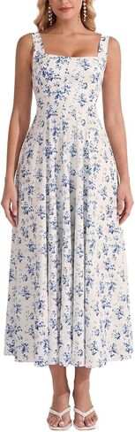Floral Midi Dress Casual Lace Up Flowy A Line Square Neck Wedding Guest Summer Dress for Women 2026 in Kuwait