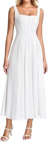 Floral Midi Dress Casual Lace Up Flowy A Line Square Neck Wedding Guest Summer Dress for Women 2026 in Kuwait