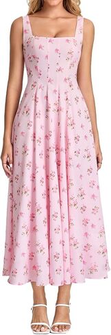Floral Midi Dress Casual Lace Up Flowy A Line Square Neck Wedding Guest Summer Dress for Women 2026 in Kuwait
