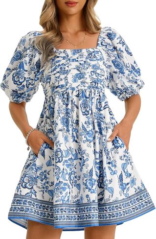 Wenrine Womens Summer Square Neck Mini Dresses Casual Floral Puff Short Sleeve Smocked High Waisted A-Line Babydoll Dress in Saudi Arabia