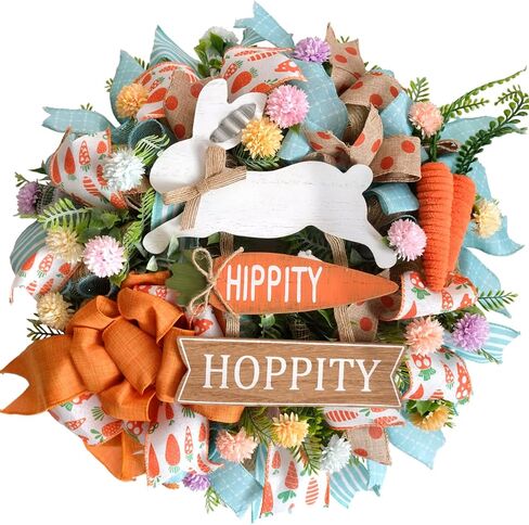 TEMPUS 18 inch Artificial Easter Door Mesh Wreath, Easter Bunny Decor with Carrots, Bow and Flowers,Orange and Blue Mesh Rabbit Wreath for Home Farmhouse Outdoor Indoor Wall Mantel Window Decor in Saudi Arabia