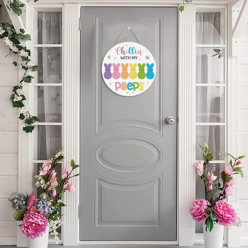 Xiamenluo Easter Wreaths for Front Door, Peeps Easter Decorations Bunny Wooden Happy Door Sign Colorful Rabbit Indoor Outdoor Farmhouse Porch Wall Fireplace Decor in Saudi Arabia