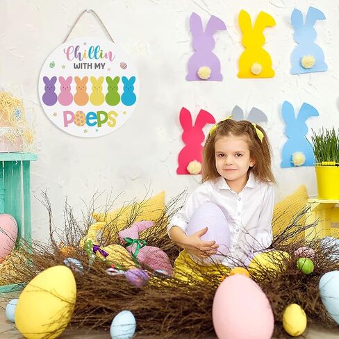 Xiamenluo Easter Wreaths for Front Door, Peeps Easter Decorations Bunny Wooden Happy Door Sign Colorful Rabbit Indoor Outdoor Farmhouse Porch Wall Fireplace Decor in Saudi Arabia