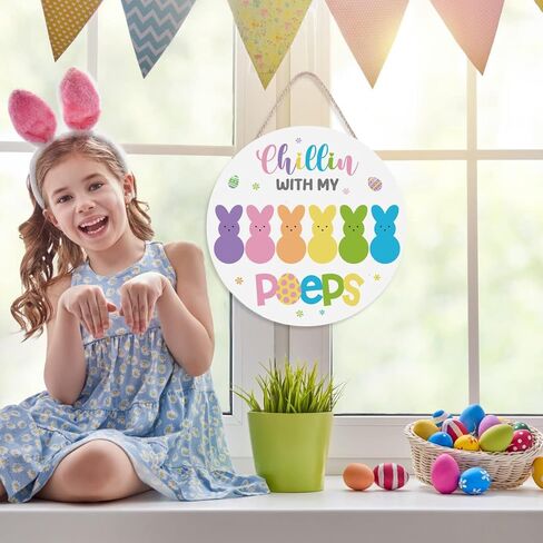 Xiamenluo Easter Wreaths for Front Door, Peeps Easter Decorations Bunny Wooden Happy Door Sign Colorful Rabbit Indoor Outdoor Farmhouse Porch Wall Fireplace Decor in Saudi Arabia