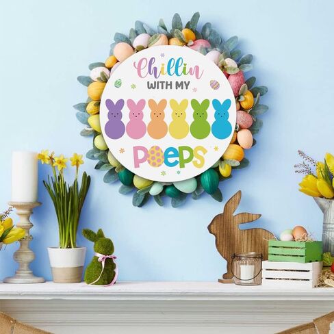 Xiamenluo Easter Wreaths for Front Door, Peeps Easter Decorations Bunny Wooden Happy Door Sign Colorful Rabbit Indoor Outdoor Farmhouse Porch Wall Fireplace Decor in Saudi Arabia