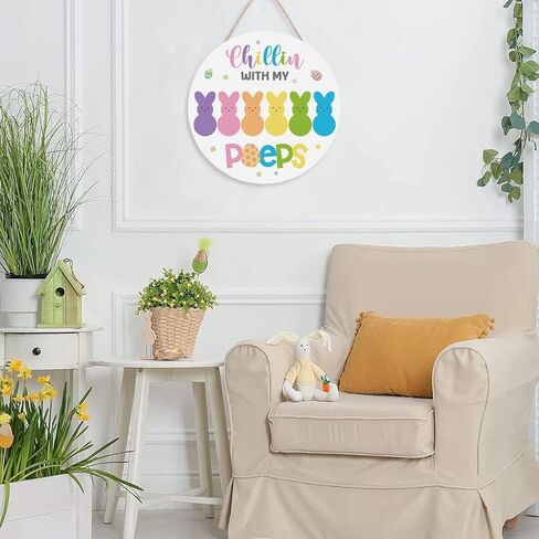 Xiamenluo Easter Wreaths for Front Door, Peeps Easter Decorations Bunny Wooden Happy Door Sign Colorful Rabbit Indoor Outdoor Farmhouse Porch Wall Fireplace Decor in Saudi Arabia