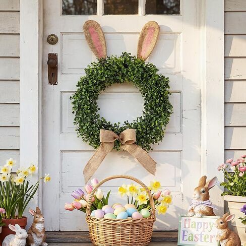 19 inch Easter Bunny Wreath for Front Door Artificial Bunny Wreath with Bow Faux Boxwood Bush Plants Rabbit Spring Door Wreaths for Home Indoor Outdoor Window Wall Party Decor in Saudi Arabia