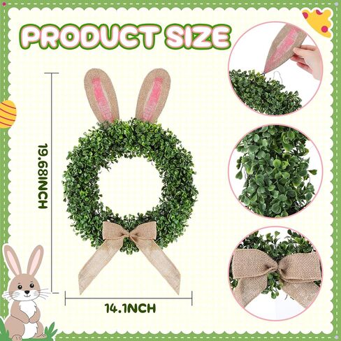 19 inch Easter Bunny Wreath for Front Door Artificial Bunny Wreath with Bow Faux Boxwood Bush Plants Rabbit Spring Door Wreaths for Home Indoor Outdoor Window Wall Party Decor in Saudi Arabia
