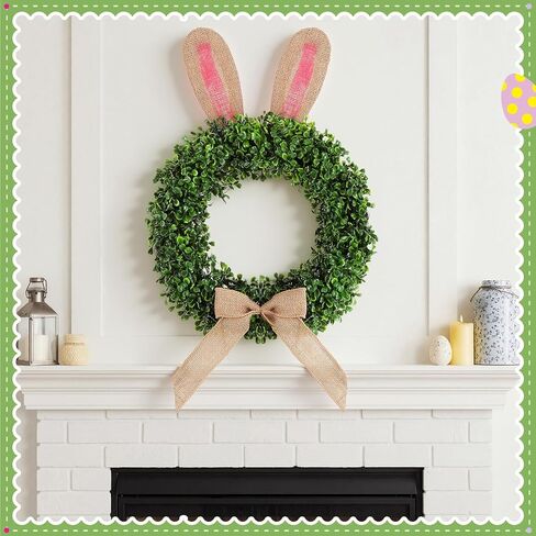19 inch Easter Bunny Wreath for Front Door Artificial Bunny Wreath with Bow Faux Boxwood Bush Plants Rabbit Spring Door Wreaths for Home Indoor Outdoor Window Wall Party Decor in Saudi Arabia