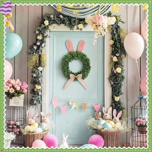 19 inch Easter Bunny Wreath for Front Door Artificial Bunny Wreath with Bow Faux Boxwood Bush Plants Rabbit Spring Door Wreaths for Home Indoor Outdoor Window Wall Party Decor in Saudi Arabia