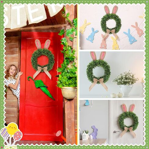 19 inch Easter Bunny Wreath for Front Door Artificial Bunny Wreath with Bow Faux Boxwood Bush Plants Rabbit Spring Door Wreaths for Home Indoor Outdoor Window Wall Party Decor in Saudi Arabia