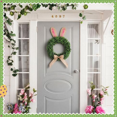19 inch Easter Bunny Wreath for Front Door Artificial Bunny Wreath with Bow Faux Boxwood Bush Plants Rabbit Spring Door Wreaths for Home Indoor Outdoor Window Wall Party Decor in Saudi Arabia