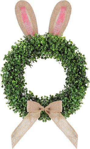 19 inch Easter Bunny Wreath for Front Door Artificial Bunny Wreath with Bow Faux Boxwood Bush Plants Rabbit Spring Door Wreaths for Home Indoor Outdoor Window Wall Party Decor in Saudi Arabia