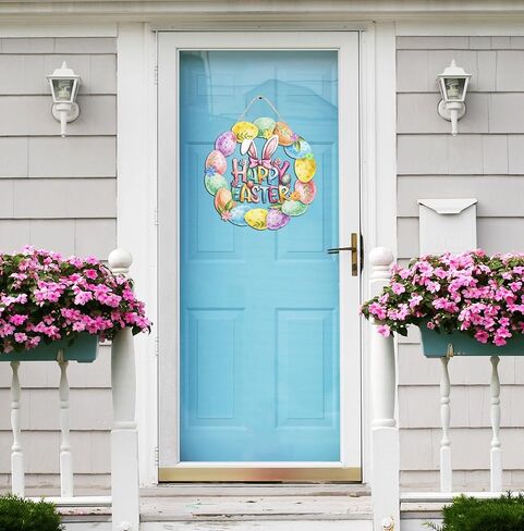 عيد الفصح الديكور اكليلا من الباب الخشبي للباب الأمامي علامة لطيف الأرنب زهرة البيض باب خشبي شماعات أرنب الربيع الديكور عيد الفصح سعيد ترحيب علامة معلقة للخارجية داخلي جدار ديكور المنزل in Kuwait