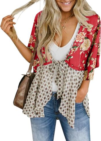 Saodimallsu المرأة التعادل الجبهة كيمونو بالأزرار الأزهار خفيفة الوزن كشكش 3/4 كم بوهو Flowy غطاء الشاطئ in Kuwait