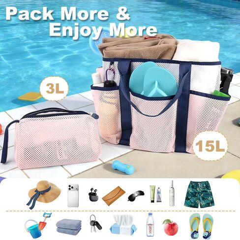 Mesh Beach Bag, Stylish Beach Tote with Small Mesh Shower Caddy, Packable Tote Bag for Beach Cruise Pool Vacation Essentials(Pink) in Kuwait