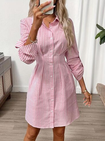 Fall Women's Striped Button Up Casual Dress Long Sleeve Mini Dresses in Saudi Arabia