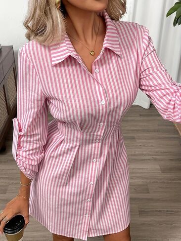 Fall Women's Striped Button Up Casual Dress Long Sleeve Mini Dresses in Saudi Arabia